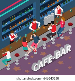 Cafe bar isometric composition with bartenders pouring drinks at bar racks and visitors vector illustration 