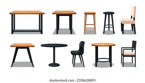 Cafe and bar realistic furnuture icons set with wooden chairs and tables isolated vector illustration