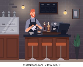 Cafe. Bar or restaurant interior barista preparing coffee cappuccino exact vector cartoon background illustration