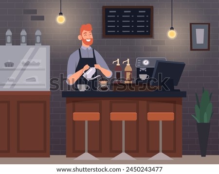Cafe. Bar or restaurant interior barista preparing coffee cappuccino exact vector cartoon background illustration