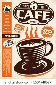 Cafe Bar Retro Ad With Coffee Cup And Menu List On Old Paper Texture. Coffee Vintage Vector Illustration.