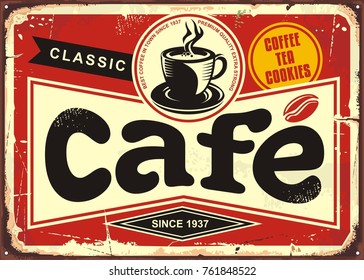 Cafe bar retro tin sign. Vintage coffee shop sign board with coffee cup on red background.