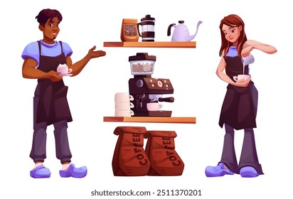 Cafe barista and coffee cup to drink in machine. People making espresso or latte in bar isolated vector restaurant set. Woman character in apron concept. Vendor worker. Coffeepot and kettle on shelf