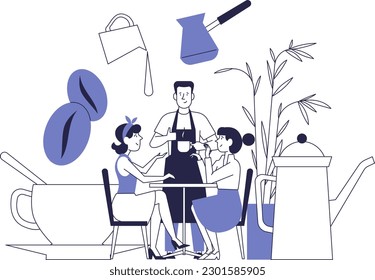 Cafe, barista, cup of coffee. Coffee service concept.