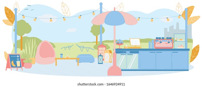 Cafe or Beach Snack Bar on Seashore Summer Landscape Background. Cafeteria Outer View and Exterior with Vendor Counter. Lounge Bar on Open Air with Chaise-lounges. Flat Cartoon Vector Illustration.