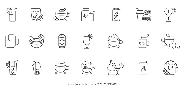 Conjunto de ícones editáveis de café e bebidas. esboços de bebidas e bebidas