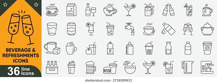 Cafe Getränke und Erfrischungsgetränk Linie Icons Sammlung. Kaffeetassen, frische Säfte, Erfrischungsgetränke, kalte Getränke und mehr.