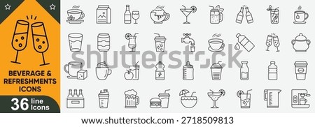 Cafe beverage and refreshment line icons collection. Coffee cups, fresh juices, soft drinks, cold beverages and more.