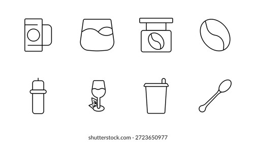 Icono de conjunto de café y bebida. Paquete de café, vaso de whisky, escala, frijol, botella, vaso de vino con hoja, taza para llevar, cuchara representada con un contorno limpio para bebidas y temas de productos de café.