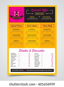 Cafe bistro menu template with special business lunch and free delivery delivery offer colorful realistic vector illustration 
