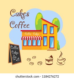 A cafe. Board with the menu. Building against the sky and clouds with trees. Symbols of coffee beans, cake and cups of coffee. Vector illustration.

