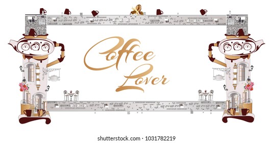 Cafe border with a coffee machine and retro houses, design for a coffee lover.