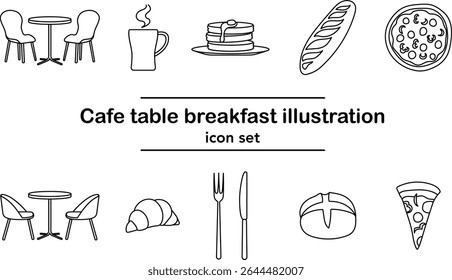 Cafe breakfast icon set with table, chairs, coffee mug, croissant, pancakes, baguette, pizza, fork and knife. Monochrome vector line illustrations on white background.
