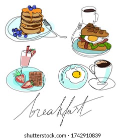 Cafe breakfast menu set coffee egg bacon waffles sandwich strawberry blackberry pancakes smoothie line art sketch icons