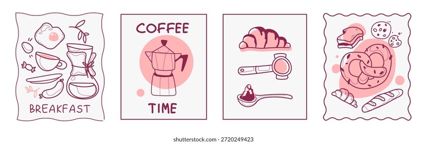 Pósteres del desayuno del café fijados en el fondo blanco. Ilustración vectorial de doodle cafetera y taza, huevo frito con salchicha, croissant fresco y pretzel en marcos rectangulares y ondulados, menú retro