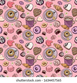 Cafe breakfast seamless vector pattern. Coffee, pastry, cookie, donut, merenghi, croissant. Beige, rose and lilac. Illustration for gift wrapping, fashion textile print, menu design.