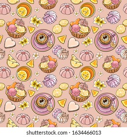 Cafe breakfast seamless vector pattern. Pastry, cupcake, cakes, lemon, merenghi. Rose and beige. Illustration for gift wrapping, fashion textile print, wallpaper, menu design.