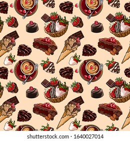 Cafe breakfast seamless vector pattern. Coffee, pie, cupcake, strawberries, ice cream, candy. Red and brown. Food illustration for gift wrapping, fashion textile print, wallpaper, menu design.