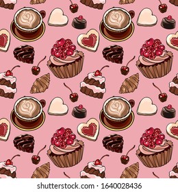 Cafe breakfast seamless vector pattern. Coffee, pastry, cupcake, croissant, cherry. Rose and brown. Food illustration for gift wrapping, fashion textile print, wallpaper, menu design.