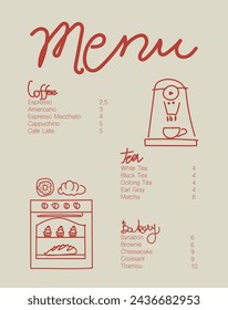 Cafe brochure vector, coffee shop menu design. Restaurant menu design.Hand-drawn coffee beans, coffee machine, cup, coffee to go, bakery and desserts vector illustration. 