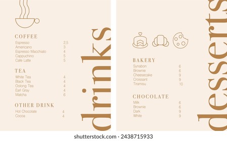 Vector de folleto de café, diseño de menú de cafetería. Diseño de menú de restaurante. Menú de bebidas y postres