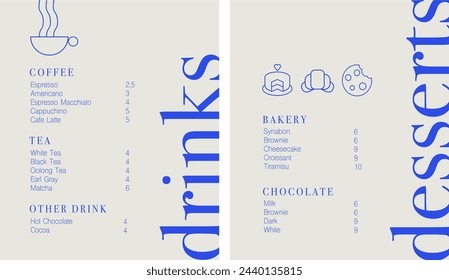 Cafe brochure vector, coffee shop menu design. Restaurant menu design. Drink and Dessert menu