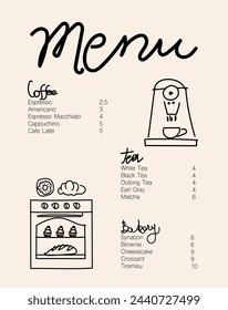 Vector de folleto de café, diseño de menú de cafetería. Diseño de menú de restaurante. Granos de café dibujados a mano, máquina de café, taza, café para llevar, panadería y postres ilustración vectorial. 