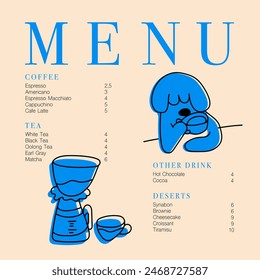 Vector de folletos de cafetería, diseño de menú de cafetería. Diseño de menú de restaurante. Granos de café dibujados a mano, cafetera, taza, café para llevar, panadería y postres Ilustración vectorial. 