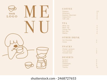 Cafe brochure vector, coffee shop menu design. Restaurant menu design.Hand-drawn coffee beans, coffee machine, cup, coffee to go, bakery and desserts vector illustration. 