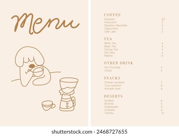 Vector de folletos de cafetería, diseño de menú de cafetería. Diseño de menú de restaurante. Granos de café dibujados a mano, cafetera, taza, café para llevar, panadería y postres Ilustración vectorial. 