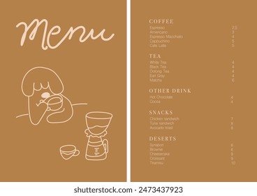 Cafe brochure vector, coffee shop menu design. Restaurant menu design.Hand-drawn coffee beans, coffee machine, cup, coffee to go, bakery and desserts vector illustration. 