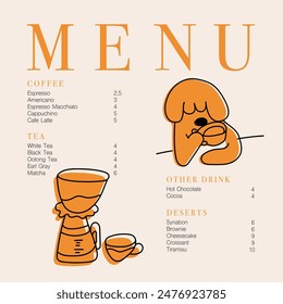 Cafe brochure vector, coffee shop menu design. Restaurant menu design.Hand-drawn coffee beans, coffee machine, cup, coffee to go, bakery and desserts vector illustration. 