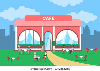 Cafe building in the city. Cafeteria exterior with tables outside. Summer terrace. Visitors and waiter. Flat vector illustration