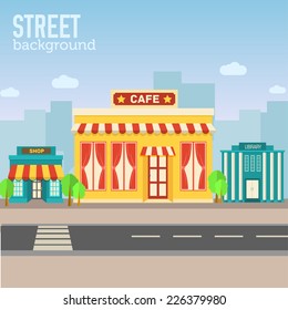 cafe building in city space with road on flat syle background concept. Vector illustration design