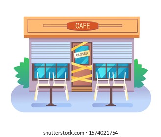 Cafe building closed with sign and yellow tape, table, chairs. Vector illustration. Closed display.
