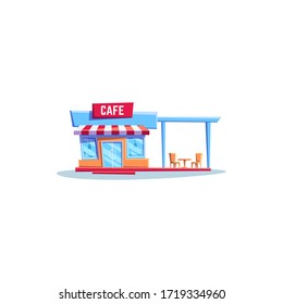 Cafe Building Exterior Design, Local Bistro Diner With Chairs And Table Outdoors Isolated. Vector Small Cafe Building With Tent, Local Restaurant Facade. Cafe Signboard On Roof, Street Food Store