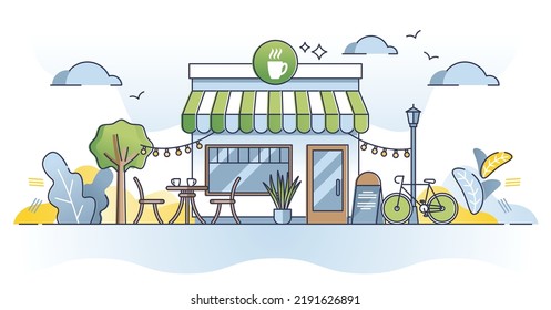 Cafe building exterior with modern city street restaurant outline concept. Outdoor boutique style facade for fast food coffee place and cosy terrace with bicycle, table and chairs vector