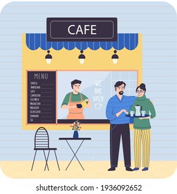 Fachada de construcción de cafés con vitrina abierta y menú, cliente hablando con barista masculino