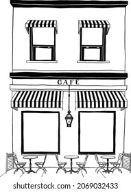 Cafe building Front Shop with table seat Architecture Hand drawn line art illustration