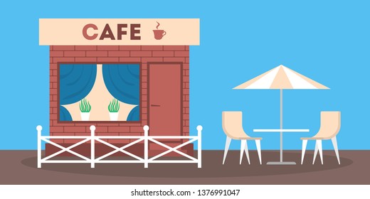 Cafe building front view. Facade of cafeteria on the street. Table and chair. Exterior of the shop. Flat vector illustration