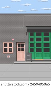 a cafe building with gray walls and green doors pink windows with blue sky and clouds