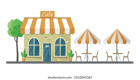 Cafe building icon with terrace isolated on white background. Leisure and food concept.