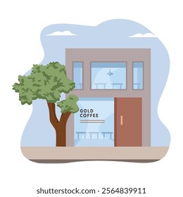 Cafe building illustration. Coffee shop facade. Front door house. Coffee house. 