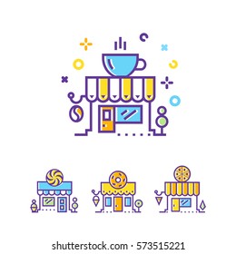 Cafe building line icon. Set of city Shop and store buildings. Flat isolated vector illustration on white background. Linear stokes and fills.