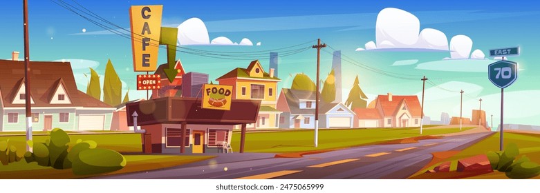 Cafe building on roadside of route with sign. Cartoon vector street fast food restaurant and store for drivers and travelers with suburban or village neighborhood on background. Road stall or kiosk.