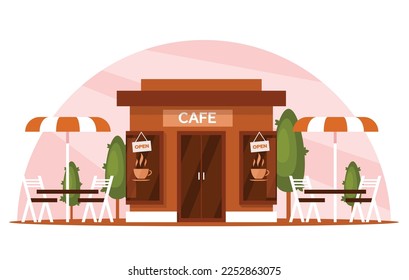 Cafe building with outdoor tables and umbrellas. Coffee shop. Vector graphics