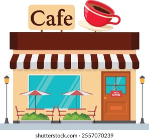 Cafe Building Shop Exterior Illustration With Open sign Board, chair, and Tree,  Flat Design Concept