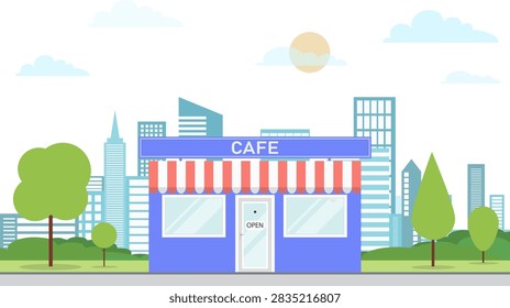 Cafe building vector illustration with city skyline background storefront awning trees and open sign