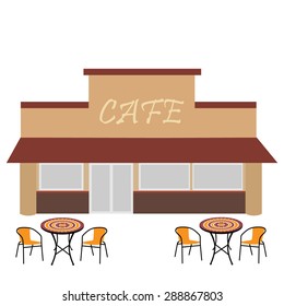 Cafe building vector illustration. Outdoor cafe. Coffee shop. Summer terrace with table and chairs