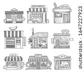 Cafe buildings. Hand drawn shop restaurants small vector buildings set
